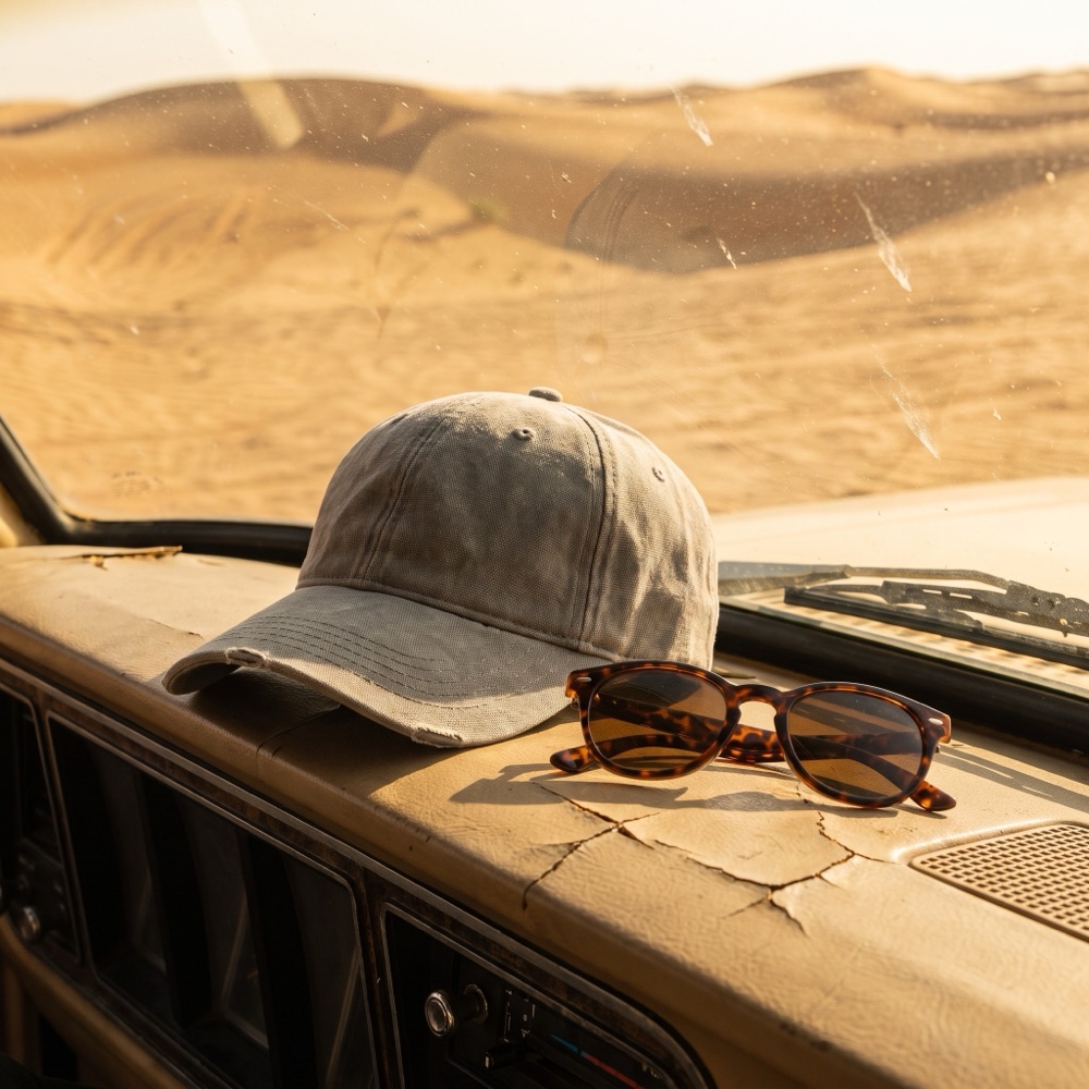 A hat and sunglasses on a dashboard in dune light