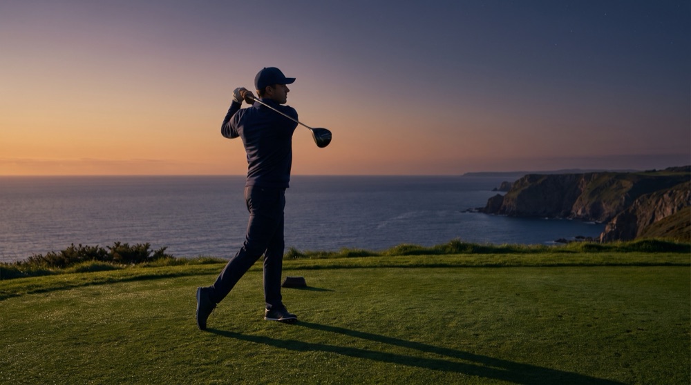 A golfer mid-swing on a coastal course