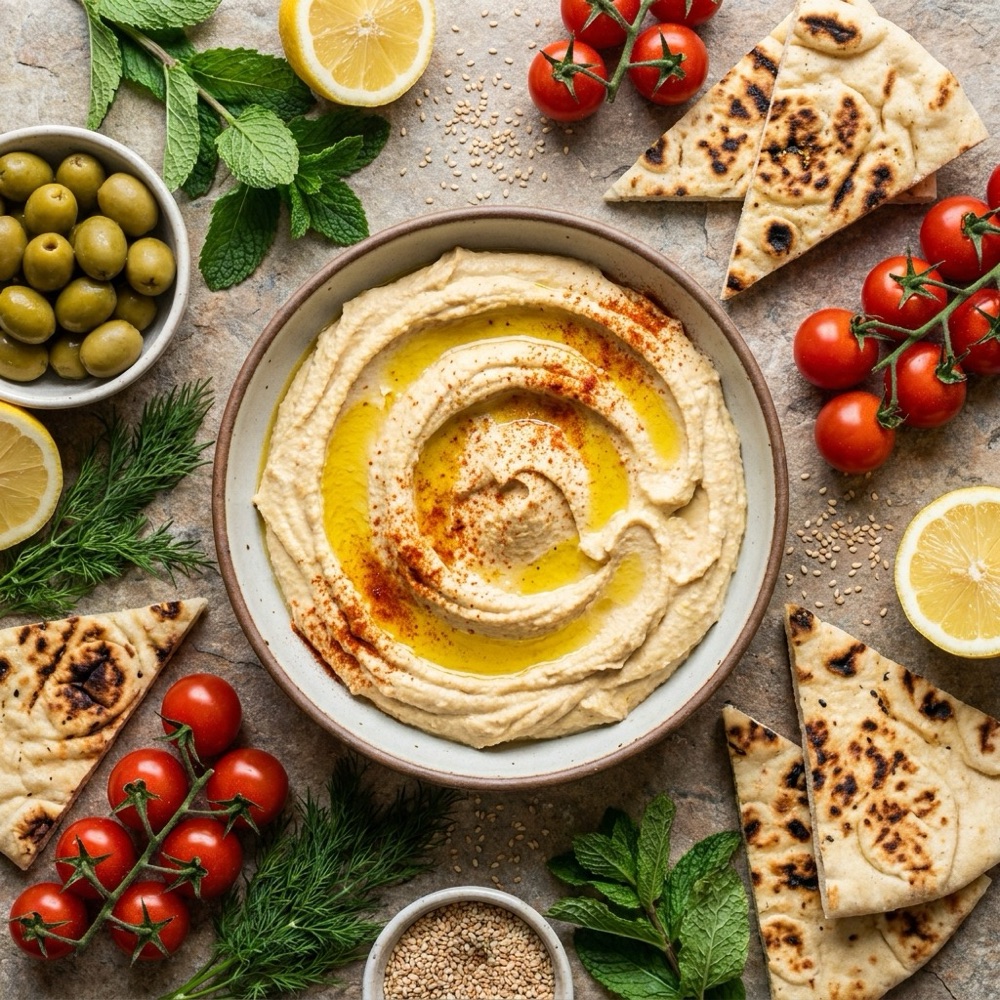 A mezze flat lay with hummus at the center