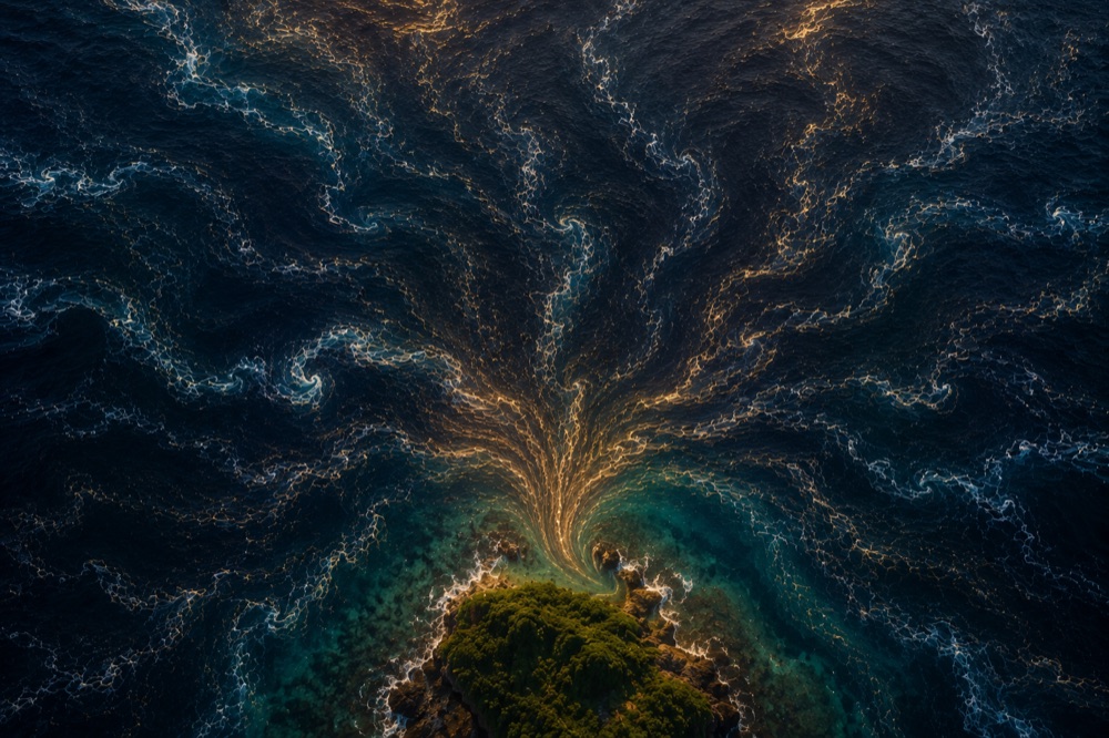 Aerial view of golden currents branching across dark ocean water toward a small green island.